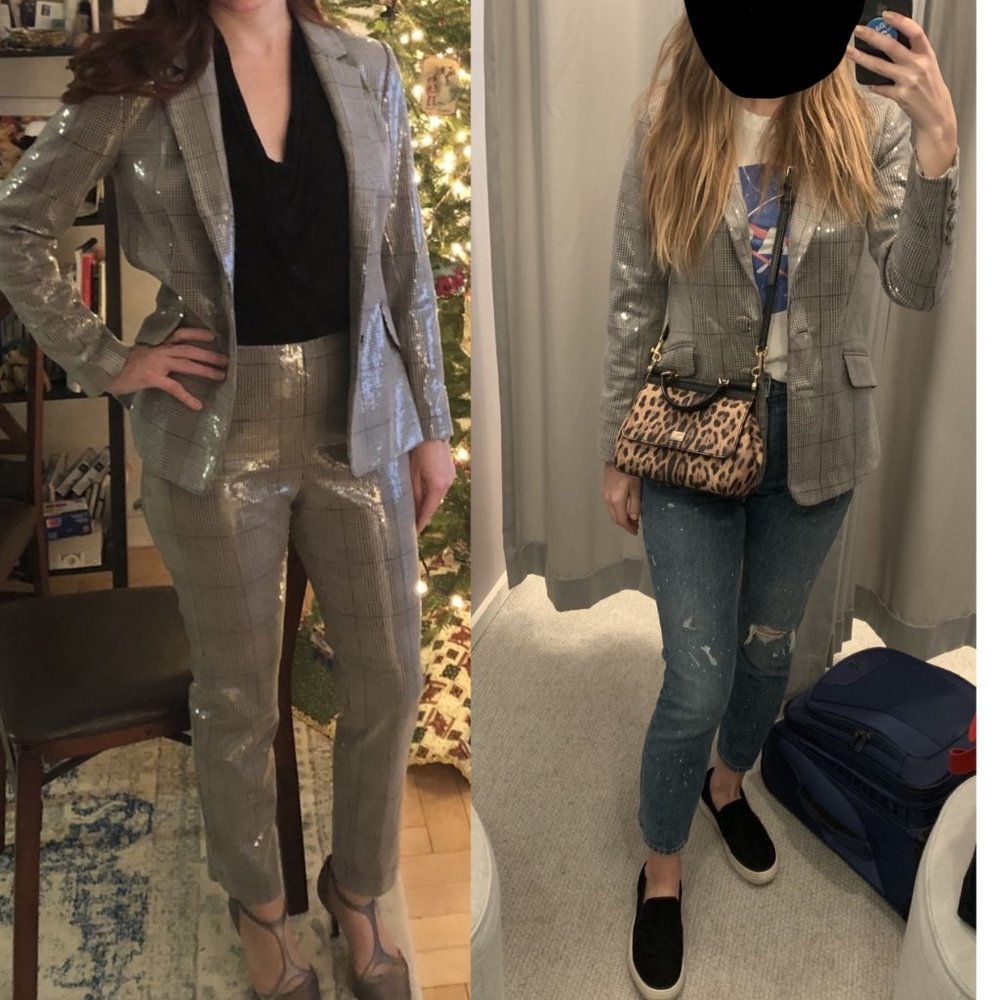 $495 NWT BADGLEY MISCHKA Plaid Blazer Silver Coat XS Button down Sparkle Chic - Picture 3 of 14
